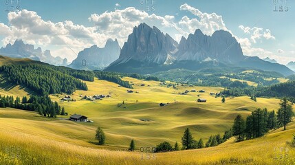 Alpine Meadow Serenity: Breathtaking panoramic view of Alpe di Siusi, Italy, showcasing rolling green meadows, traditional houses, and majestic Odle/Geisler Dolomites under a vibrant sky. 