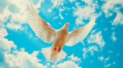 Obraz premium Dove soars, white against sky, freedom and peace embodied in spirit flight, holy symbol ascends to heaven, bird of nature set against blue backdrop