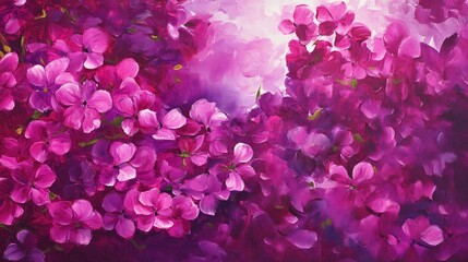 Obraz premium Oil painting featuring vibrant purple flowers showcasing the beauty of bougainvillea in rich hues