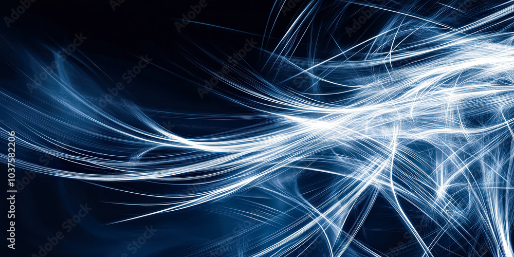 Poster blue and white image with a lot of white lines and dots. the image is abstract and has a futuristic 