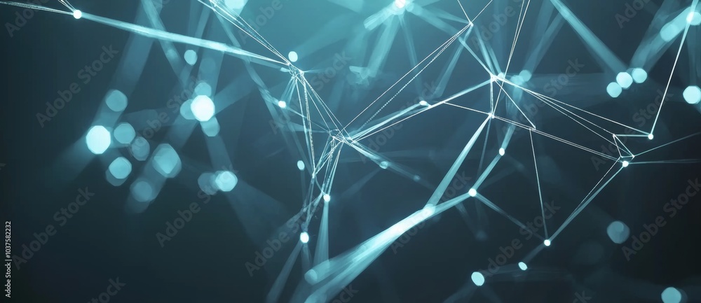 Poster a banner with a blue abstract background showing a network grid and particles connected. a sci-fi di