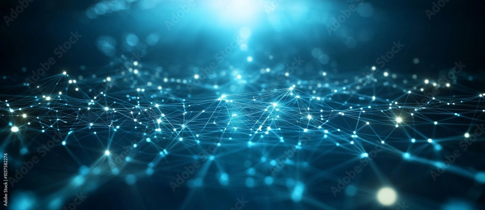 Poster graphicon banner with blue abstract background, a network grid, and particles arranged in a network.