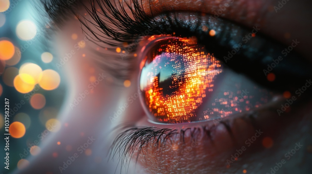 Poster multicolored iris of the eye animation concept. rainbow lines scatter out of a bright binary circle 