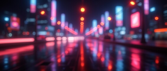 Wide angle shot of a blurred neon lights background. Neon city lights in bokeh style. Futuristic backdrop.