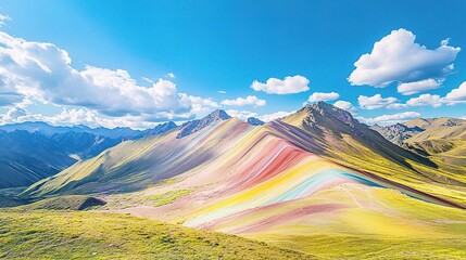 Vinicunca, the famous Rainbow Mountain in the Cusco Region of Peru, with vibrant stripes of color and clear blue skies above