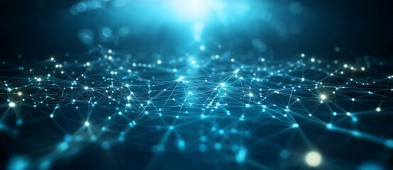 Graphicon banner with blue abstract background, a network grid, and particles arranged in a network. Sci-fi digital technology, network connection and data graphics. Developed with stock (AI).