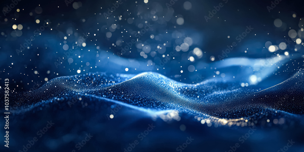Poster the image is a blue wave with a lot of sparkles in it. the sparkles give the image a dreamy and ethe