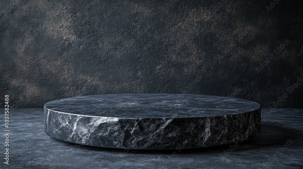 Poster empty black stone podium in a round shape on a dark background blank product display 3d rendering
