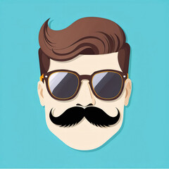 Handsome man head in glasses with mustache and fashion hairstyle in vintage monochrome style