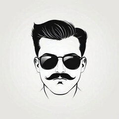 Handsome man head in glasses with mustache and fashion hairstyle in vintage monochrome style