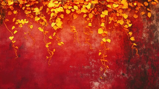 Ivy shaped yellow and orange flames ascend above a crimson wall creating a surrealist nature scene