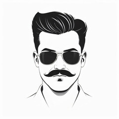 Handsome man head in glasses with mustache and fashion hairstyle in vintage monochrome style