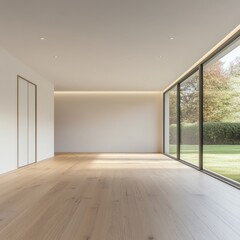 Obraz premium A large empty room with a white wall and wooden floors