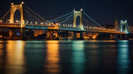 Fototapeta premium A suspension bridge illuminated at night, reflecting light onto the water.