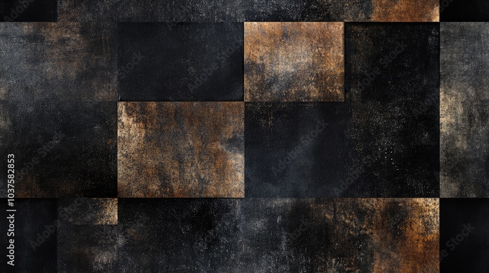 Poster a dark background featuring a tissue like design in shades of black and brown with a square geometri