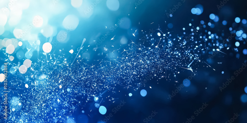 Poster blue background with a lot of small dots. the dots are scattered all over the background and are of 