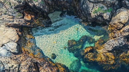 Aerial view of rock pools in a coastal setting captured in an oil painting style