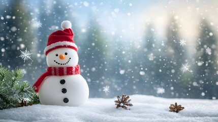 Fototapeta premium Cheerful Snowman in a Snowy Winter Forest