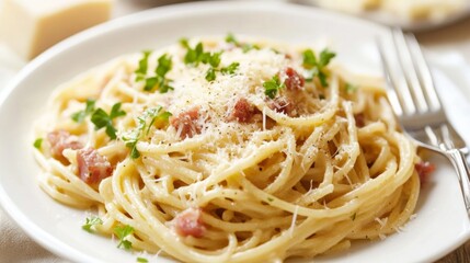 A plate of classic spaghetti carbonara with pancetta and a creamy sauce, served on a white plate, Spaghetti centered