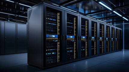 Digitalization of Internet traffic, Data Flow and Complex Electric Equipment Warehouse. Modern Data Technology Center Server Racks with VFX.