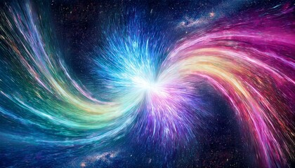 Galactic Aurora Detonation Imagine a cosmic scene where a burst of aurora-like ribbons—teal, magenta, and golden yellow—erupts from a small, swirling galaxy at the center.