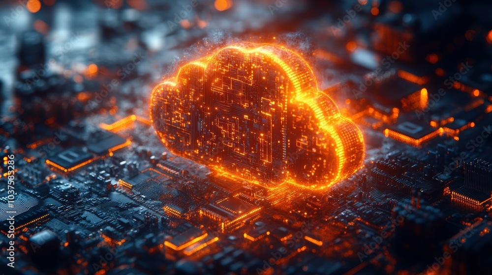 Poster futuristic data center visualization glowing network connections forming cloud shape holographic int