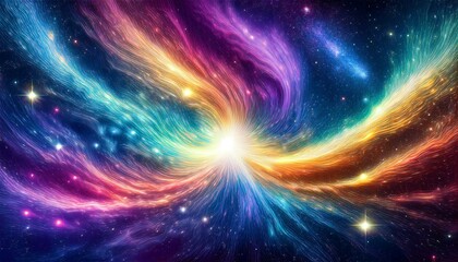 Galactic Aurora Detonation Imagine a cosmic scene where a burst of aurora-like ribbons—teal, magenta, and golden yellow—erupts from a small, swirling galaxy at the center.