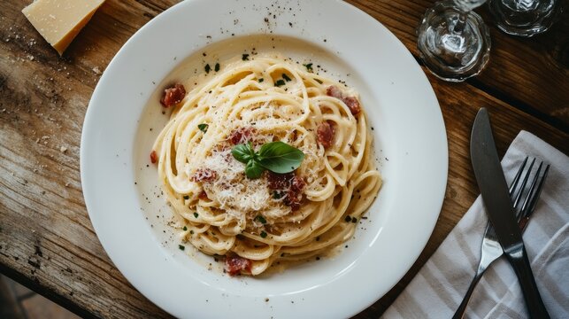 A plate of classic spaghetti carbonara with pancetta and a creamy sauce, served on a white plate, Spaghetti centered