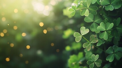 Lush green clovers with soft bokeh background, evoking tranquility.