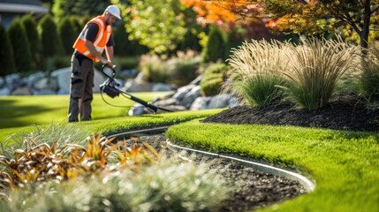 Naklejka premium Landscaping Workman Trimming Grass