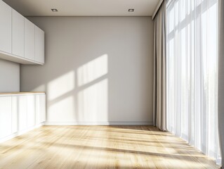 Fototapeta premium A large empty room with a white wall and wooden floors