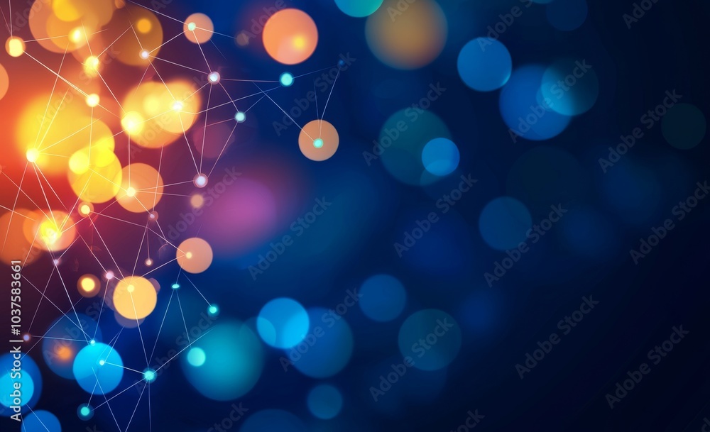 Poster an artificial neural network concept with flashes of bright light. bokeh effect on a polygonal mesh.
