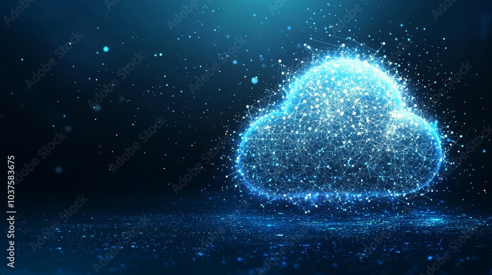 Aufkleber in the center is a large cloud icon. abstract code with connected polygons and multicolored dots.
