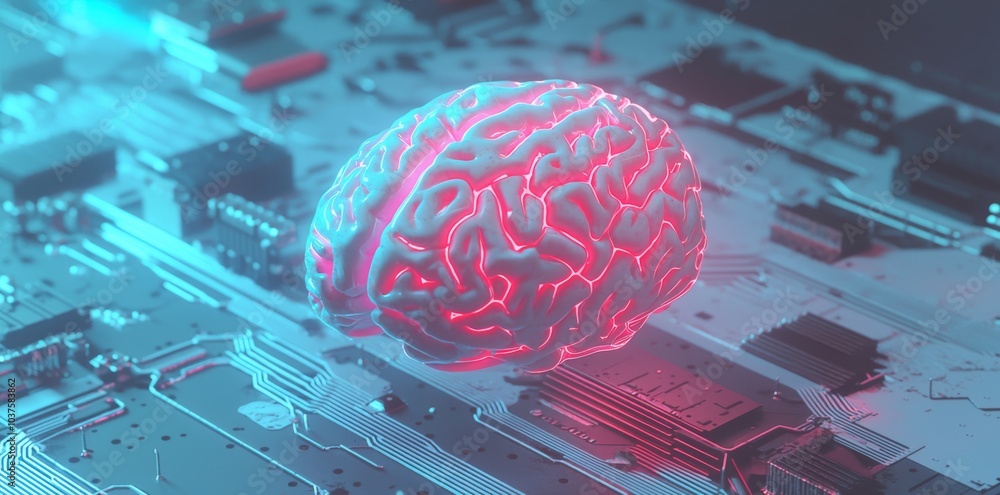 Poster quantum computing system using a neural circuit and electronic cyber brain, stock technology, biotec