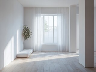 Fototapeta premium A white room with a window and a bench