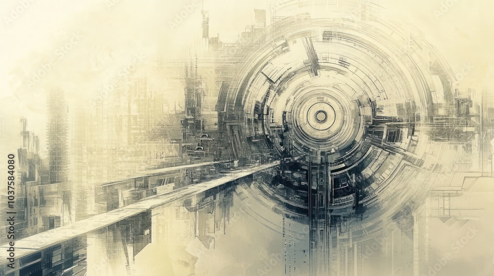 Poster abstract futuristic design featuring circular motifs and intricate patterns.
