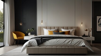 A serene bedroom bathed in soft natural light. Crisp white walls and bedding create a clean and airy feel. Minimalist aesthetics in the artwork and soft light from the pendant light.
