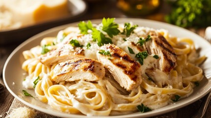 A plate of creamy chicken Alfredo pasta with fettuccine, grated parmesan cheese, and fresh parsley