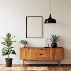 A wooden cabinet with a black lamp hanging from the ceiling
