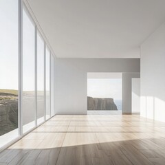 Obraz premium A large open room with a view of the ocean