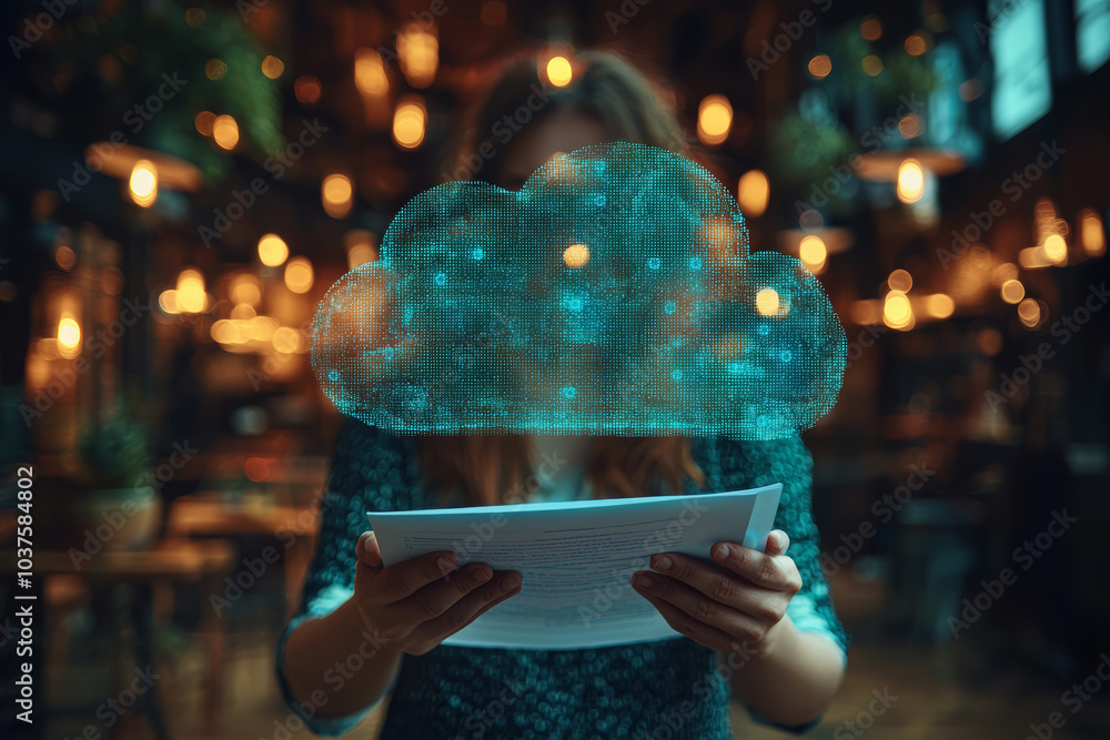 Poster a remote worker sharing a document with a colleague through cloud storage, illustrating the use of t