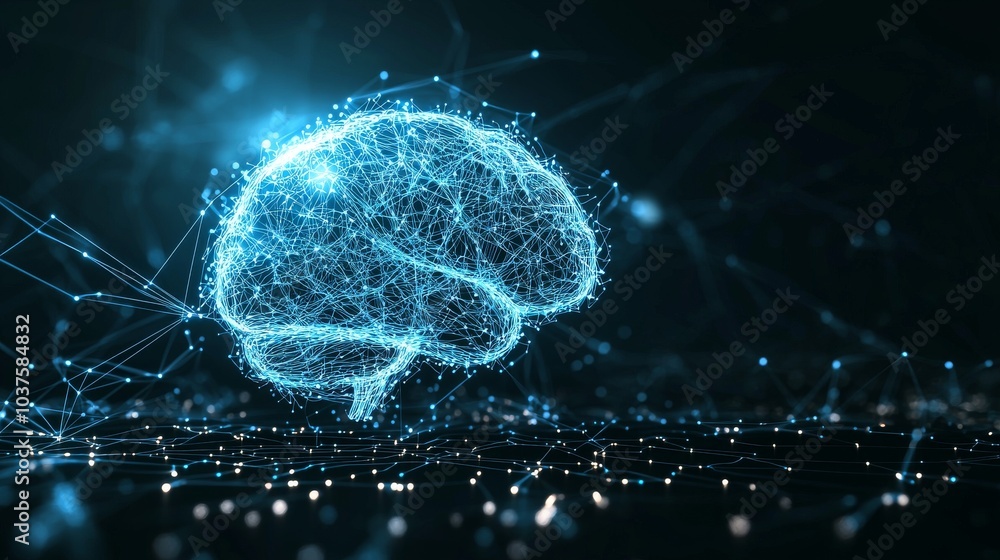 Poster the stock hardware concept depicts a glowing blue brain circuit on a microchip on computer motherboa