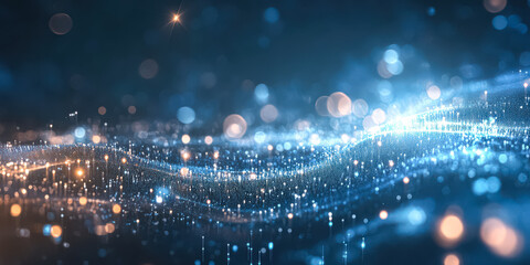 Obraz premium Blue and orange wave of light with many small dots. The dots are scattered throughout the image, creating a sense of movement and energy. The blue and orange colors give the image a vibrant