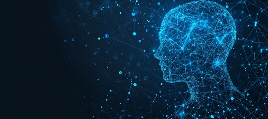 The concept of big data and stock markets. Machine learning and cyber mind dominance in the form of a men's face outline outline with a circuit board and binary data flow on a blue background.