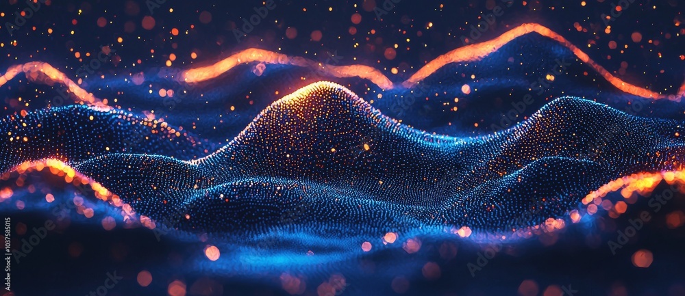 Poster 3d rendering of abstract technology flow background with dots and a wave.