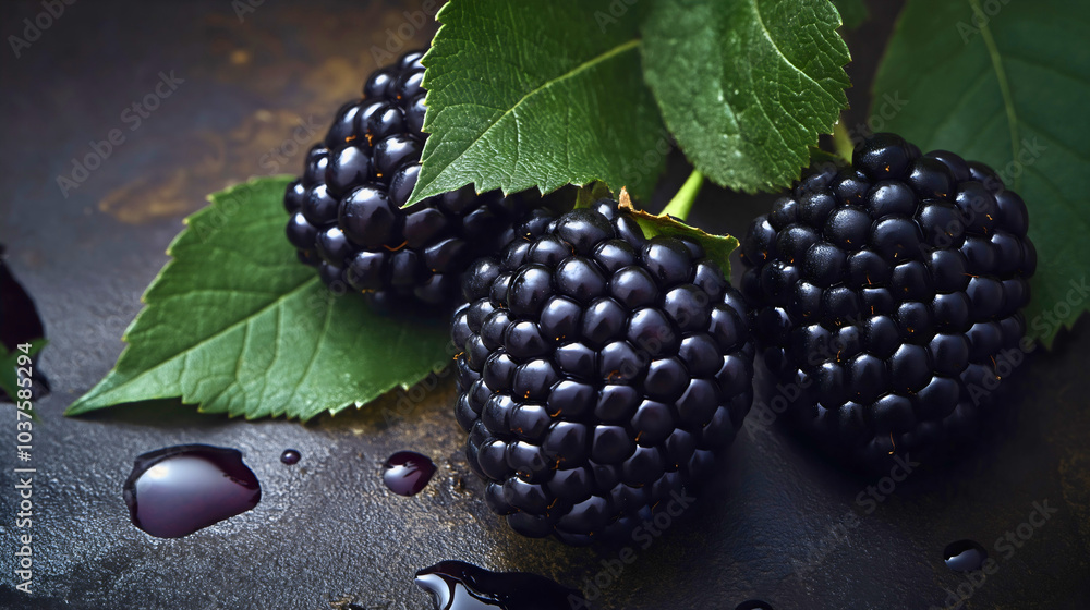 Wall mural blackberry cluster with leaf, fresh organic fruit on plant branch, ripe and sweet vitamin rich berri