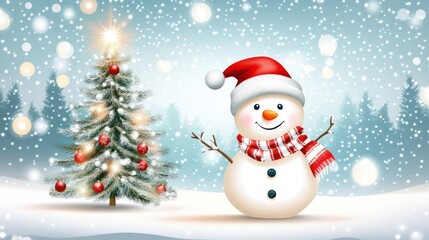 Obraz premium Snowman and Christmas Tree in Winter Wonderland