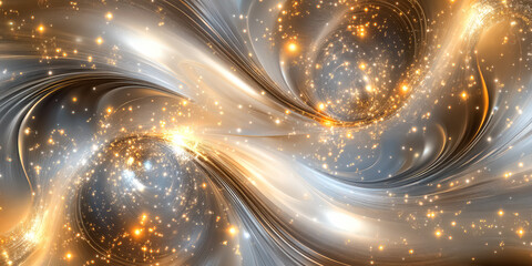 The image is a colorful, abstract painting of two spheres with gold and silver swirls. The painting has a dreamy, ethereal quality to it, with the gold and silver colors creating a sense of movement