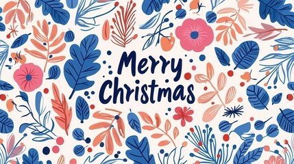 A colorful Christmas-themed design featuring "Merry Christmas" amidst floral and leaf patterns in blue and pink hues.