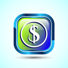 Dollar icon design illustration, Money icon sign for financial apps and websites, Glossy Square Button Design